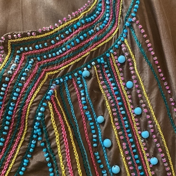 BCBG MAXAZRIA SILK” Tunic Embellished with Stones & Beads Brown Boho Chic Goth - Picture 11 of 14